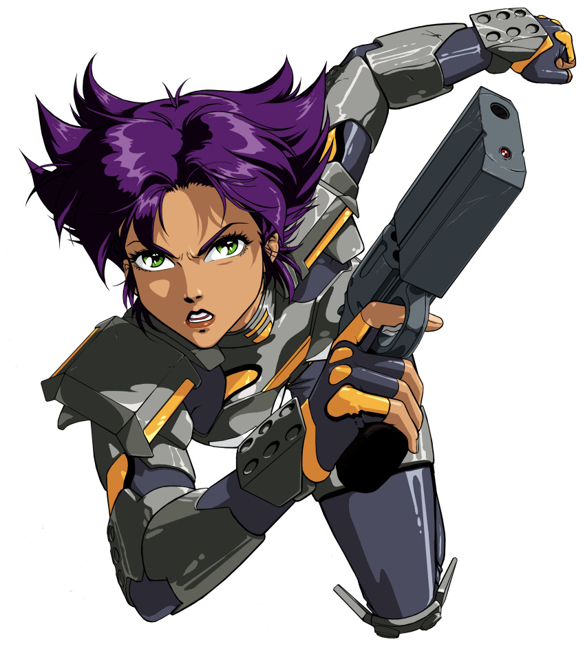 1girl, absurdres, alpha_transparency, armor, bodysuit, breastplate, breasts, clenched_hand