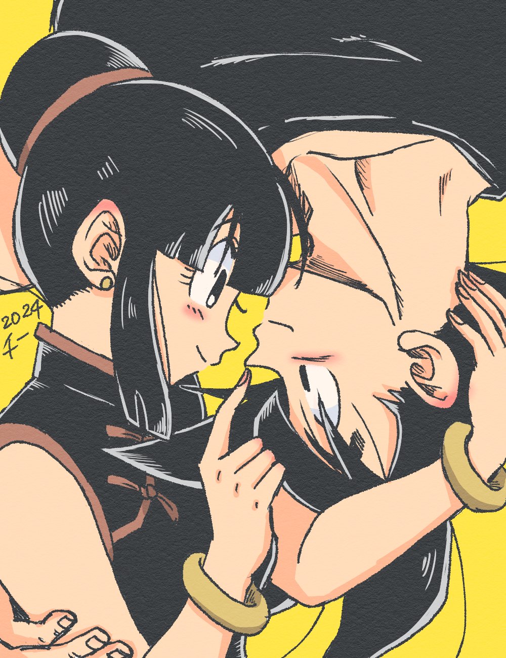 1boy, 1girl, adam's_apple, bare_arms, black_dress, black_eyes, black_hair, black_shirt, black_theme, blunt_bangs, blunt_ends, bracelet, chi-chi_(dragon_ball), chi_(cmon_57), china_dress, chinese_clothes, closed_mouth, collarbone, couple, double-parted_bangs, dragon_ball, dragon_ball_z, dress, earrings, eye_contact, eyelashes, face-to-face, finger_to_another's_nose, fingernails, from_side, hair_bun, hand_on_another's_arm, hand_on_another's_head, hands_up, happy, hetero, high_collar, highres, husband_and_wife, index_finger_raised, jewelry, light_blush, limited_palette, looking_at_another, pankou, parted_bangs, profile, rotational_symmetry, shirt, sidelocks, simple_background, single_hair_bun, sleeveless, sleeveless_dress, smile, son_goku, spiky_hair, tareme, upper_body, yellow_background, yellow_theme
