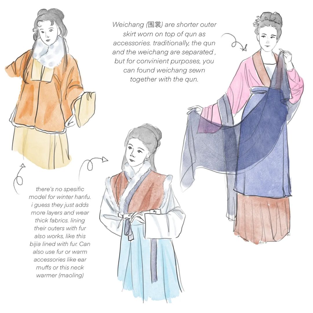 3girls, aoqun, banbi, blue_skirt, brown_skirt, chinese_clothes, chinese_text, clothes_focus