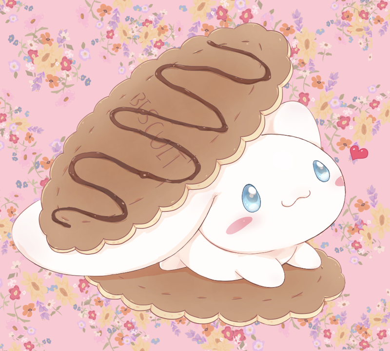 animal_focus, blue_eyes, blush, blush_stickers, cinnamoroll, closed_mouth, cookie, dog