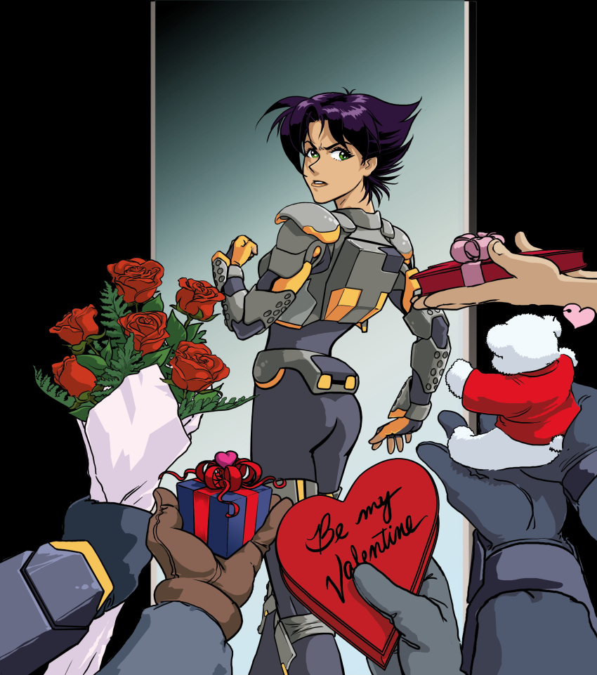 1girl, 5boys, absurdres, arm_at_side, armor, armored_bodysuit, ass, bodysuit, bouquet, box, breasts, clenched_hand, clenched_teeth, commentary, english_commentary, english_text, fingerless_gloves, flipped_hair, flower, gift, gift_box, gloves, gradient_background, green_eyes, grey_bodysuit, grey_gloves, heart, heart-shaped_box, highres, holding, holding_bouquet, holding_gift, holding_stuffed_toy, konoko_(oni), looking_back, lorraine_reyes_mclees, medium_breasts, multiple_boys, official_art, oni_(game), outstretched_arm, outstretched_arms, parted_bangs, parted_lips, purple_hair, red_flower, red_rose, rose, scowl, short_hair, stuffed_animal, stuffed_toy, teddy_bear, teeth, textless_version, third-party_source, valentine, yellow_gloves