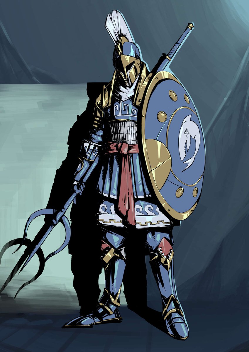 armor, breastplate, chainmail, corinthian_helmet, ebi-chan_(gawr_gura), emblem, feaurievladskov, gauntlets, greek_helmet, helmet, highres, holding_trident, hololive, hololive_english, hoplite, knight, pauldrons, plate_armor, plume, shark, shield, shoulder_armor, weapon