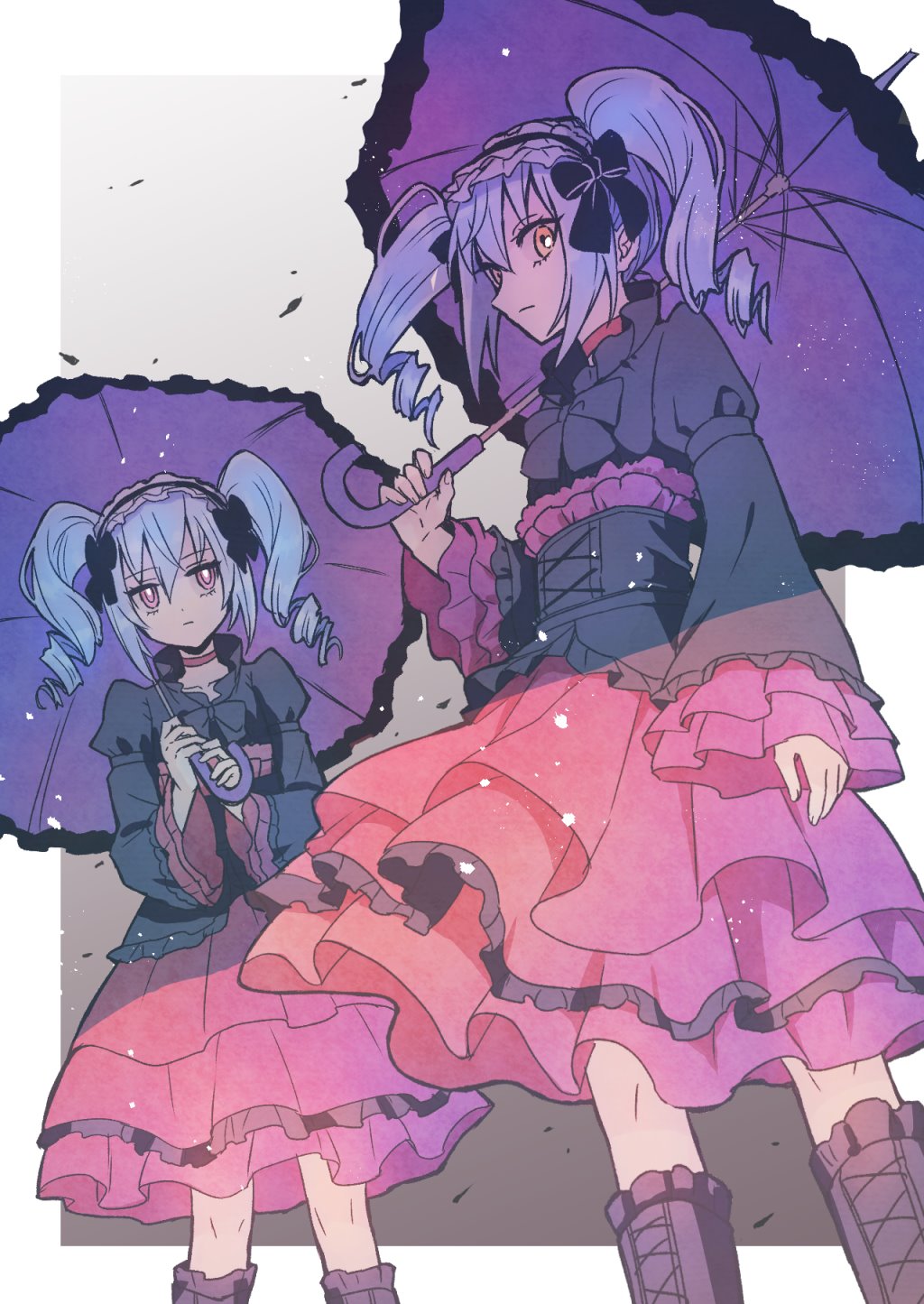 2others, black_bow, black_dress, blue_hair, bow, ciel_(tensei_shitara_slime_datta_ken), dress, drill_hair, gothic_lolita, highres, holding, holding_umbrella, lolita_fashion, long_hair, multiple_others, pink_footwear, pink_skirt, purple_umbrella, red_eyes, rimuru_tempest, shake_sawa, simple_background, skirt, tensei_shitara_slime_datta_ken, twin_drills, umbrella, white_background, yellow_eyes