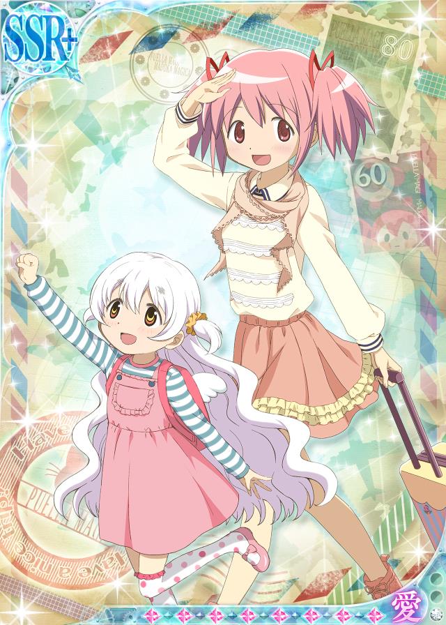 2girls, angel_wings, arm_up, artist_request, backlighting, backpack, bag, bare_legs, blue_shirt, boots, bow, brown_eyes, brown_scarf, card_(medium), cartoon_wings, casual, charlotte_(madoka_magica), child, collared_shirt, cross-laced_footwear, dot_nose, dress, envelope, feet_out_of_frame, fist_pump, foot_out_of_frame, footwear_bow, frilled_shirt, frilled_skirt, frilled_thighhighs, frills, game_cg, hair_ornament, hair_ribbon, hair_scrunchie, hand_on_own_head, happy, height_difference, holding, holding_suitcase, kaname_madoka, knees, kyubey, lace-trimmed_scarf, light_blush, long_hair, long_sleeves, mahou_shoujo_madoka_magica, mahou_shoujo_madoka_magica_mobage, mary_janes, miniskirt, momoe_nagisa, multiple_girls, official_art, open_mouth, orange_footwear, orange_skirt, overalls, pinafore_dress, pink_bag, pink_bow, pink_dress, pink_eyes, pink_footwear, pink_hair, pleated_skirt, pocket, polka_dot_thighhighs, postage_stamp, red_ribbon, ribbon, ringed_eyes, rolling_suitcase, scarf, scrunchie, shirt, shoes, short_dress, short_hair, short_twintails, skirt, sleeveless, sleeveless_dress, smile, sparkle, stamp_mark, striped_clothes, striped_shirt, suitcase, tareme, thigh-highs, third-party_source, twintails, two-tone_shirt, two_side_up, very_long_hair, walking, wavy_hair, white_hair, white_shirt, white_thighhighs, white_wings, winged_bag, wings, yellow_scrunchie