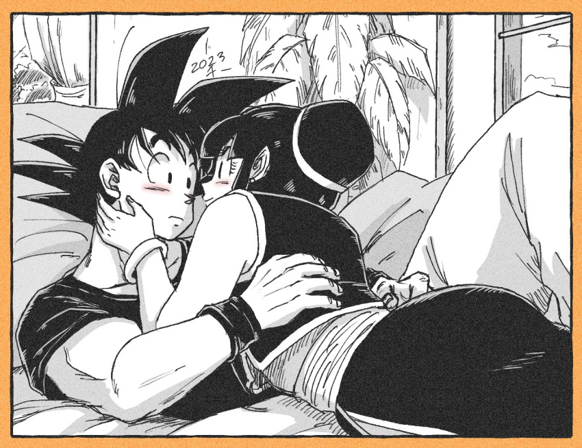 1boy, 1girl, bare_arms, bed, bedroom, between_legs, biceps, black_hair
