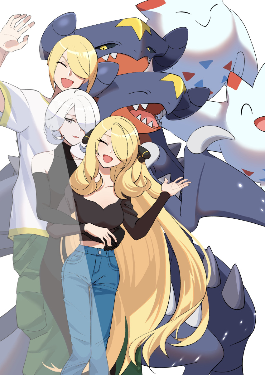 1boy, 2girls, absurdres, black_dress, blonde_hair, breasts, closed_eyes, closed_mouth, cogita_(pokemon), collarbone, cynthia_(pokemon), dress, garchomp, gloves, grey_eyes, hair_ornament, hair_over_one_eye, hand_up, highres, long_hair, long_sleeves, looking_at_viewer, male_focus, mijukuma, multiple_girls, open_mouth, pants, pokemon, pokemon_(creature), pokemon_dppt, pokemon_legends:_arceus, pokemon_platinum, shirt, short_hair, sleeveless, smile, togekiss, very_long_hair, volo_(pokemon), white_hair