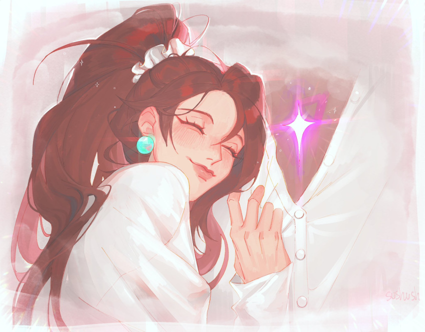 2girls, animification, asian, blush, brown_hair, buttons, closed_eyes, earrings