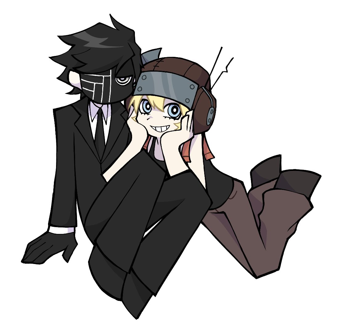 1boy, 1girl, black_footwear, black_gloves, black_hair, black_mask, black_necktie, black_pants