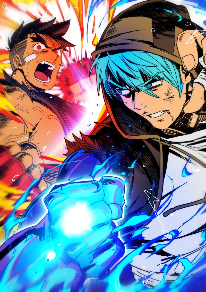 2boys, absol_(dkqthf), bandaid, bandaid_on_face, black_hair, blazing_strike, blue_eyes, blue_hair