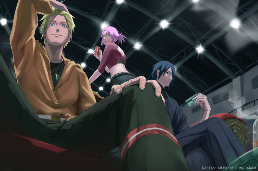 1girl, 2boys, back_cutout, belt, black_eyes, black_hair, black_shirt, blonde_hair