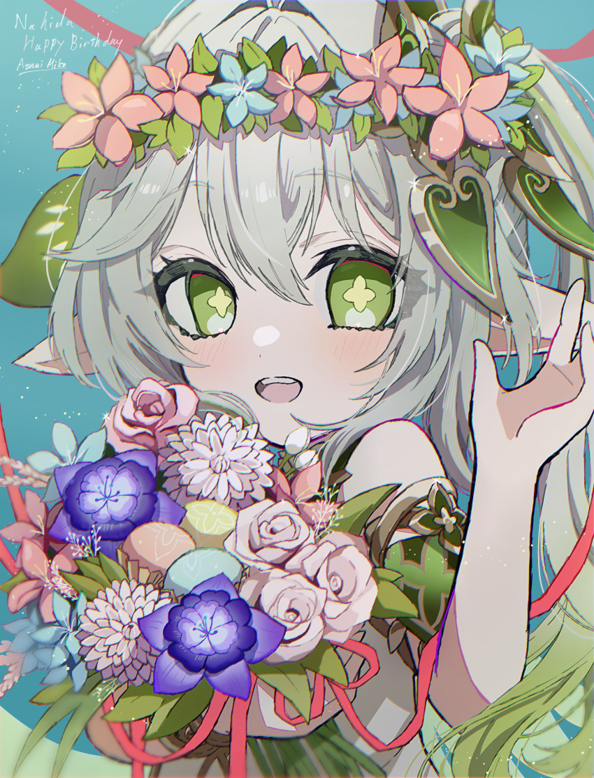 1girl, artist_name, azami_miko, bare_shoulders, blue_flower, blush, bouquet, commentary_request