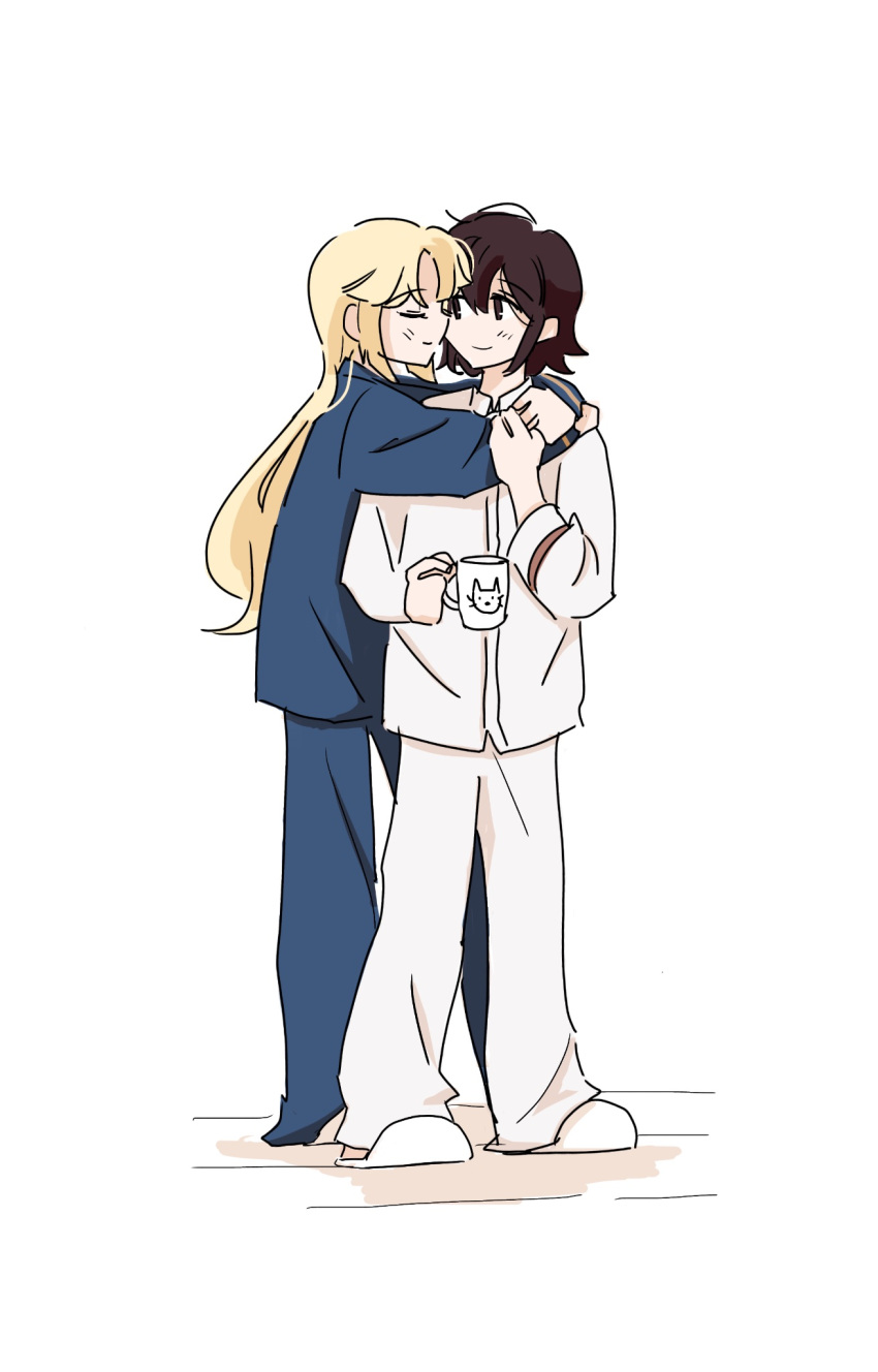2girls, amelia_lee, arms_around_neck, beatrice_reden, blonde_hair, blue_pants, blue_sky, brown_eyes, brown_hair, closed_eyes, closed_mouth, coffee_mug, commentary, cup, hashtag-only_commentary, highres, holding, holding_cup, hug, i_love_amy, long_hair, long_sleeves, morning, mug, multiple_girls, pajamas, pants, seal330, shirt, short_hair, simple_background, sky, slippers, smile, white_background, white_footwear, white_pants, white_shirt, yuri