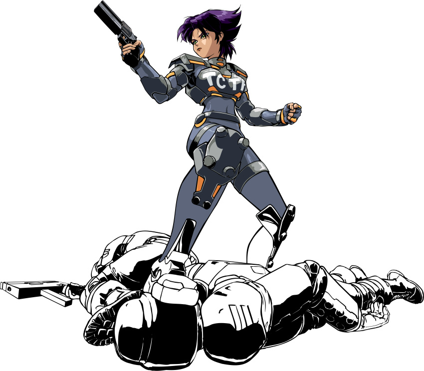 1girl, 2boys, absurdres, alpha_transparency, armor, bodysuit, breastplate, clenched_hand, commentary, covered_navel, english_commentary, finger_on_trigger, fingerless_gloves, gloves, green_eyes, grey_bodysuit, gun, helmet, highres, holding, holding_gun, holding_weapon, knee_pads, konoko_(oni), lips, lorraine_reyes_mclees, multiple_boys, official_art, oni_(game), purple_hair, short_hair, third-party_source, transparent_background, unfinished, weapon