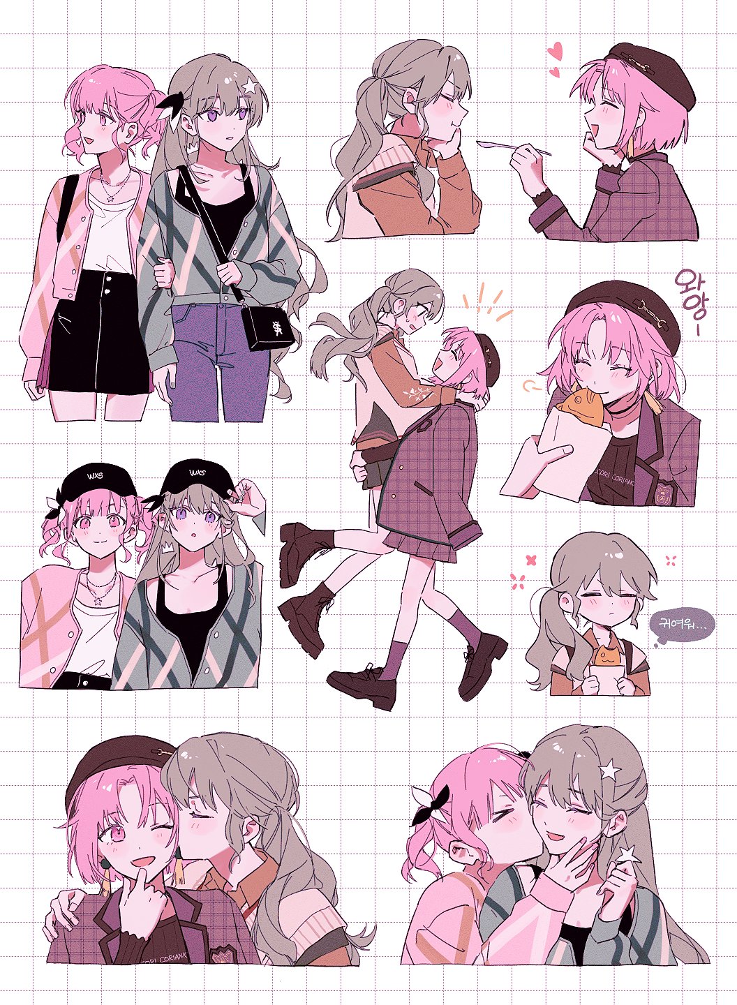 2girls, arm_hug, bag, black_hat, black_skirt, black_tank_top, blush, boots