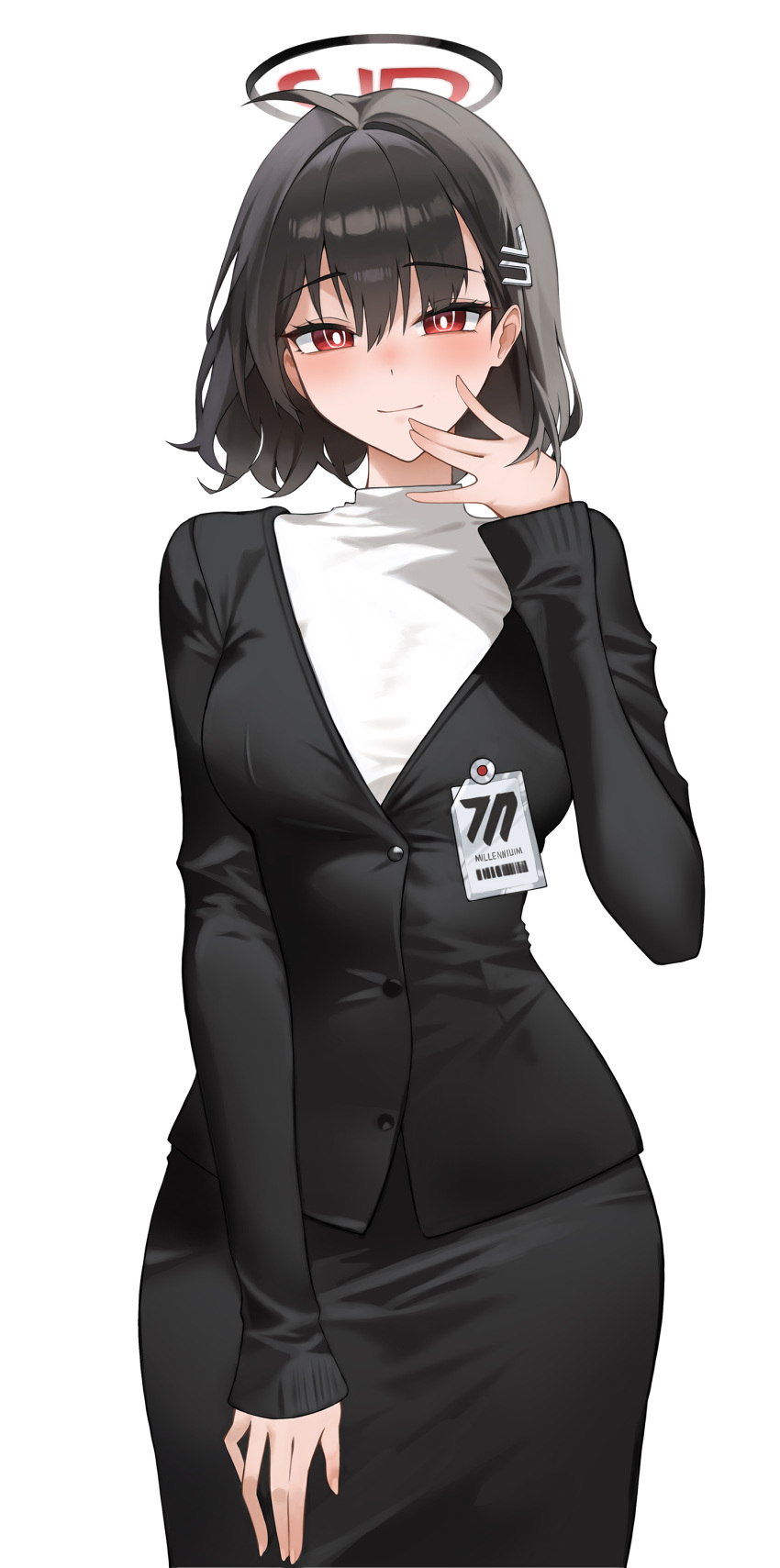 1girl, absurdres, ahoge, alternate_costume, alternate_hairstyle, black_cardigan, black_hair, black_skirt