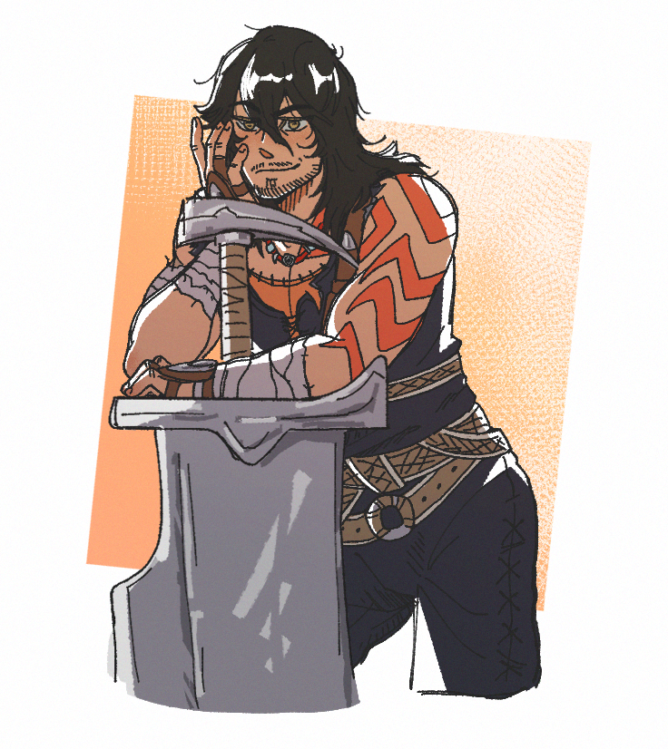 1boy, arm_tattoo, beard_stubble, belt, belt_pouch, black_hair, brown_belt, chatdy