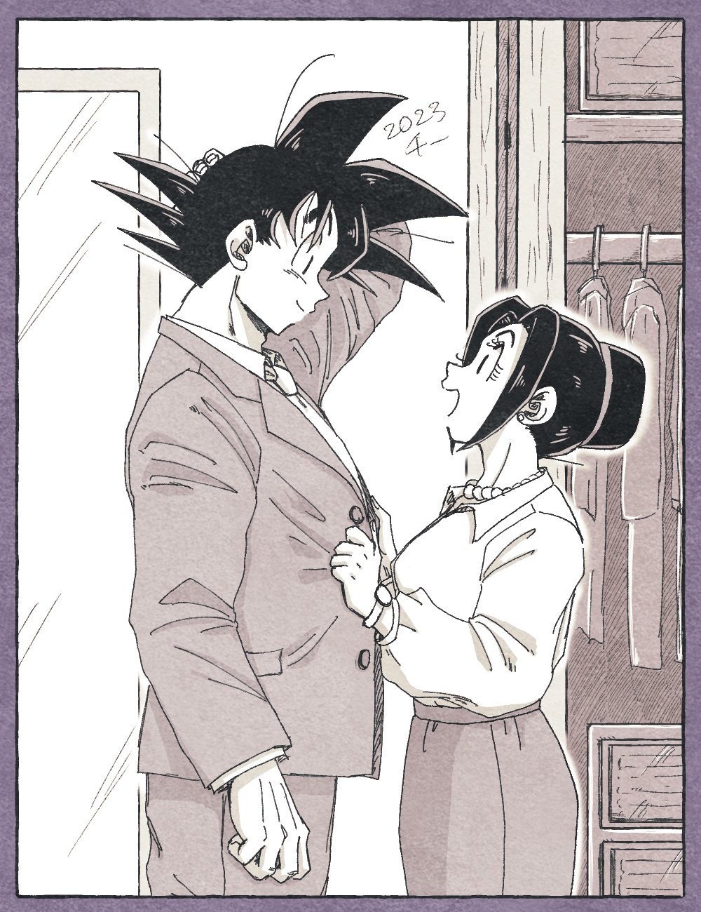 1boy, 1girl, adam's_apple, arm_at_side, bedroom, black_eyes, black_hair, border