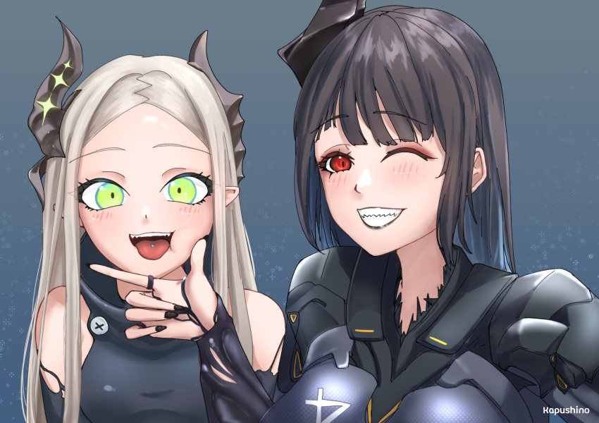 2girls, absurdres, armor, behemoth_(nikke), black_armor, black_bodysuit, black_hair, black_horns
