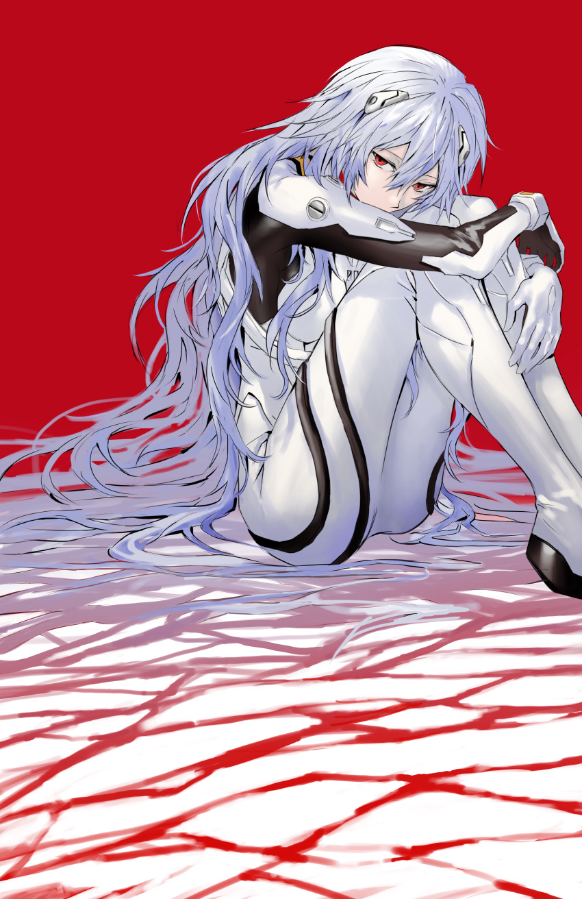 1girl, absurdres, arms_on_knees, ayanami_rei, blue_hair, crack, cracked_floor, evangelion:_3.0+1.0_thrice_upon_a_time, feet_out_of_frame, highres, hugging_own_legs, light_blue_hair, long_hair, looking_at_viewer, mecha_pilot_suit, neon_genesis_evangelion, on_floor, plugsuit, rebuild_of_evangelion, red_background, red_eyes, satou_koromi, sitting, solo, very_long_hair