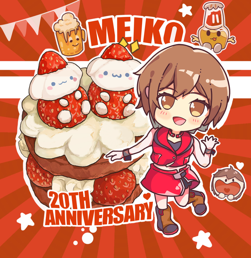 1girl, :d, anniversary, banner, blush, boots, brown_eyes, brown_hair, bukepan_menpou, character_name, chibi, crop_top, dessert, english_commentary, food, fruit, full_body, heart, highres, looking_at_viewer, meiko_(vocaloid), mixed-language_commentary, no_pupils, open_mouth, outline, red_background, red_skirt, skirt, smile, solo, star_(symbol), strawberry, striped_background, tongue, vocaloid, white_outline, wrist_cuffs