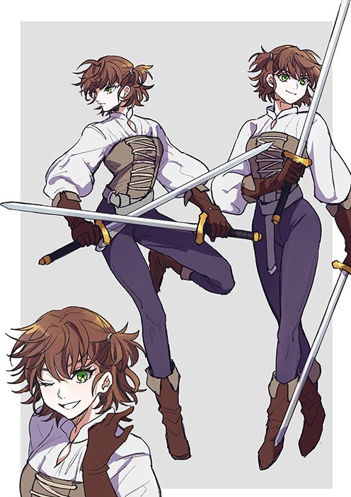 1girl, boots, border, brown_footwear, brown_gloves, brown_hair, corset, dual_wielding
