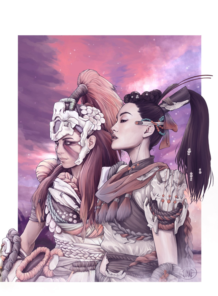 2girls, aloy_(horizon), alternate_costume, asian, black_eyes, black_hair, brown_eyes, facepaint, hair_tubes, high_ponytail, highres, horizon_(video_game), horizon_forbidden_west, illyne_cosplay, multiple_girls, orange_hair, ponytail, seyka, signature, tribal, upper_body