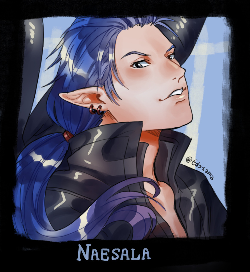1boy, absurdres, black_border, black_wings, blue_hair, border, character_name, commentary