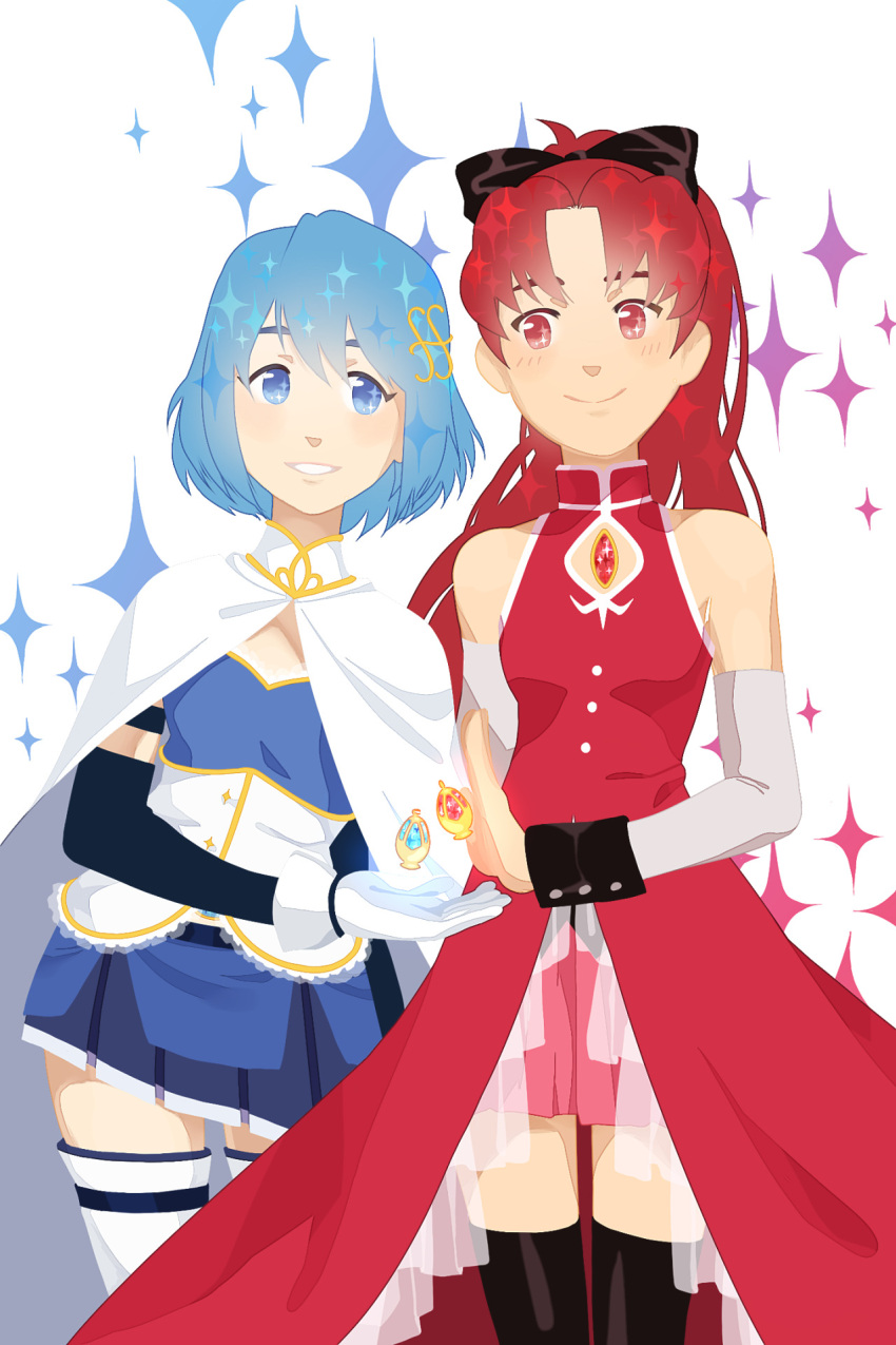 2girls, alexia_khodanian, bare_shoulders, black_bow, black_thighhighs, blue_eyes, blue_hair, blue_skirt, bow, cape, cleavage_cutout, clothing_cutout, commentary, couple, detached_sleeves, dress, english_commentary, frilled_dress, frills, gloves, hair_bow, high-low_skirt, high_ponytail, highres, long_hair, looking_at_another, looking_at_viewer, magical_girl, mahou_shoujo_madoka_magica, miki_sayaka, miki_sayaka_(magical_girl), multiple_girls, pink_skirt, pleated_skirt, red_dress, red_eyes, redhead, sakura_kyoko, sakura_kyoko_(magical_girl), short_hair, skirt, sleeveless, sleeveless_dress, smile, soul_gem, standing, thigh-highs, white_cape, white_gloves, white_thighhighs