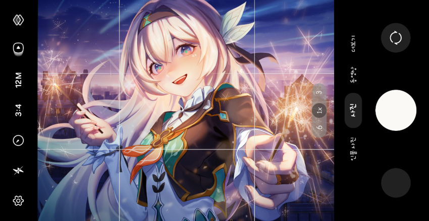 1girl, :d, absurdres, black_hairband, black_jacket, blue_sky, changi_16, city