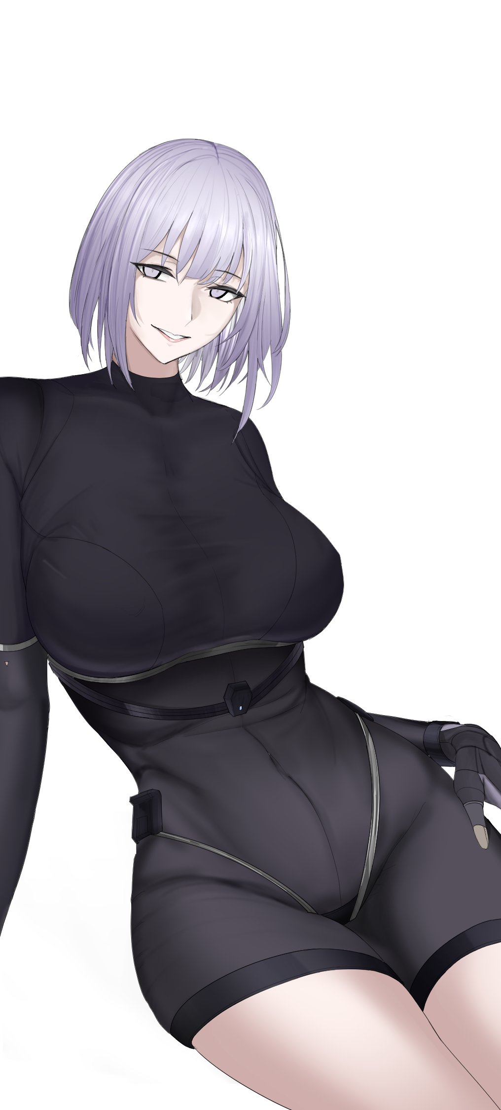 1girl, breasts, closed_mouth, fingerless_gloves, girls_frontline, gloves, grey_eyes, grey_hair