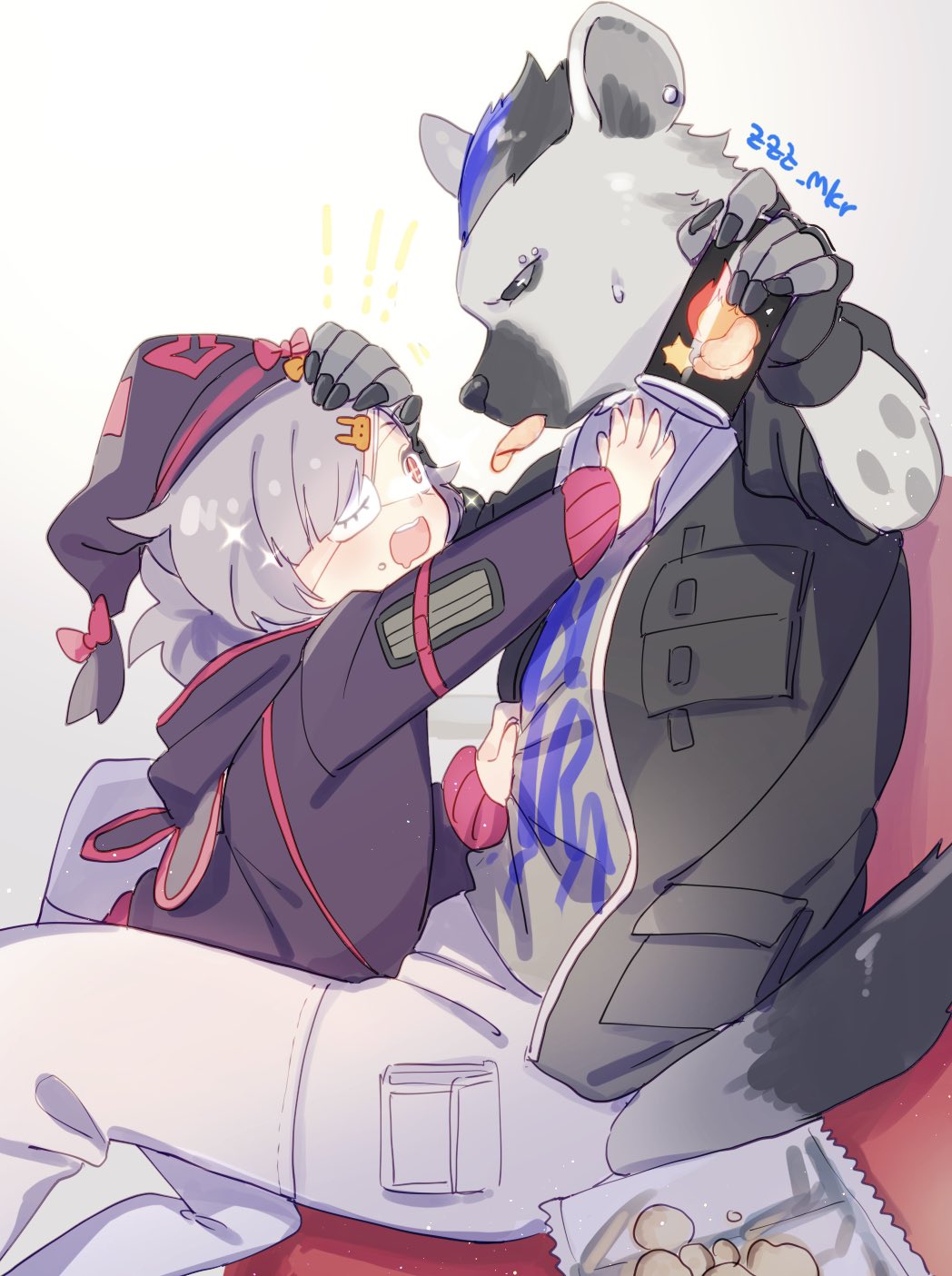 +_+, 1boy, 1girl, arknights, artist_name, black_hat, black_jacket, chips_(food), eating, eyepatch, food, furry, furry_male, grey_background, grey_hair, grey_pants, grey_shirt, hair_ornament, hand_on_another's_forehead, hat, highres, holding, holding_food, hood, hood_down, hoshitabell, hyena_boy, hyena_ears, hyena_tail, jacket, long_sleeves, looking_at_another, mouth_hold, open_clothes, open_jacket, open_mouth, pants, popukar_(arknights), potato_chips, pushing_away, rabbit_hair_ornament, reaching, red_eyes, shirt, simple_background, sitting, sparkle, spot_(arknights), teeth, upper_teeth_only