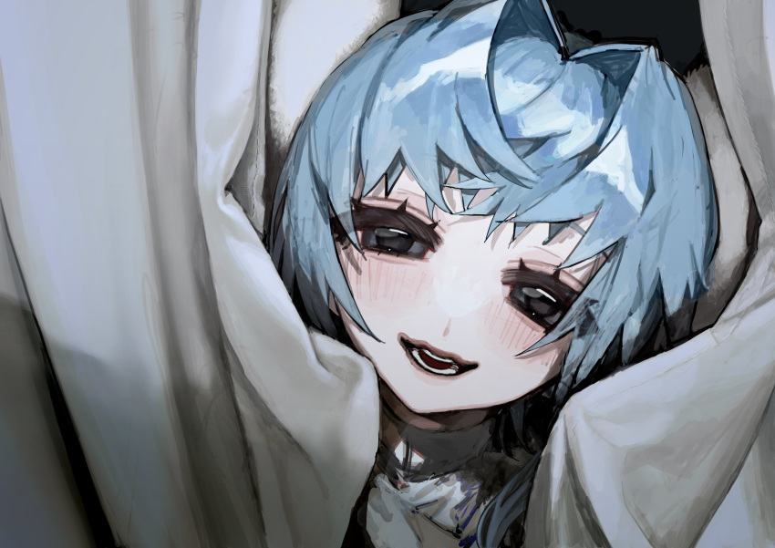 1girl, absurdres, black_background, black_eyes, blue_hair, blush, curtains, hair_intakes