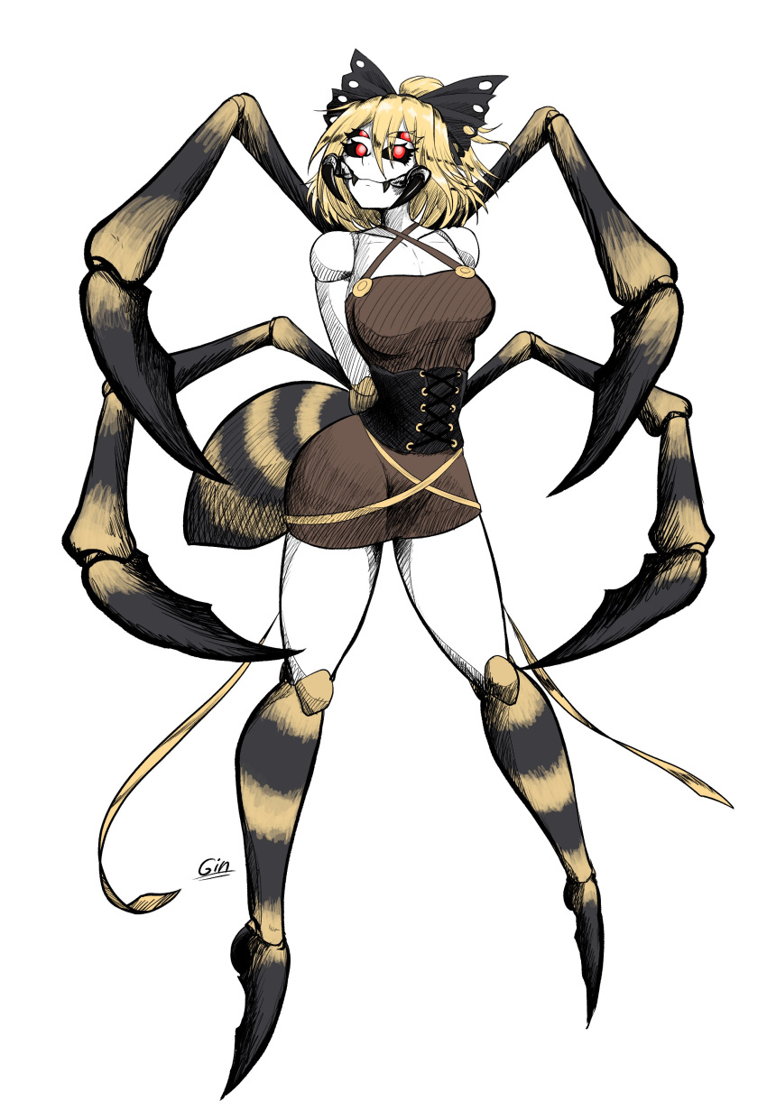 1girl, absurdres, arms_behind_back, arthropod_girl, arthropod_limbs, black_bow, black_sclera, blonde_hair