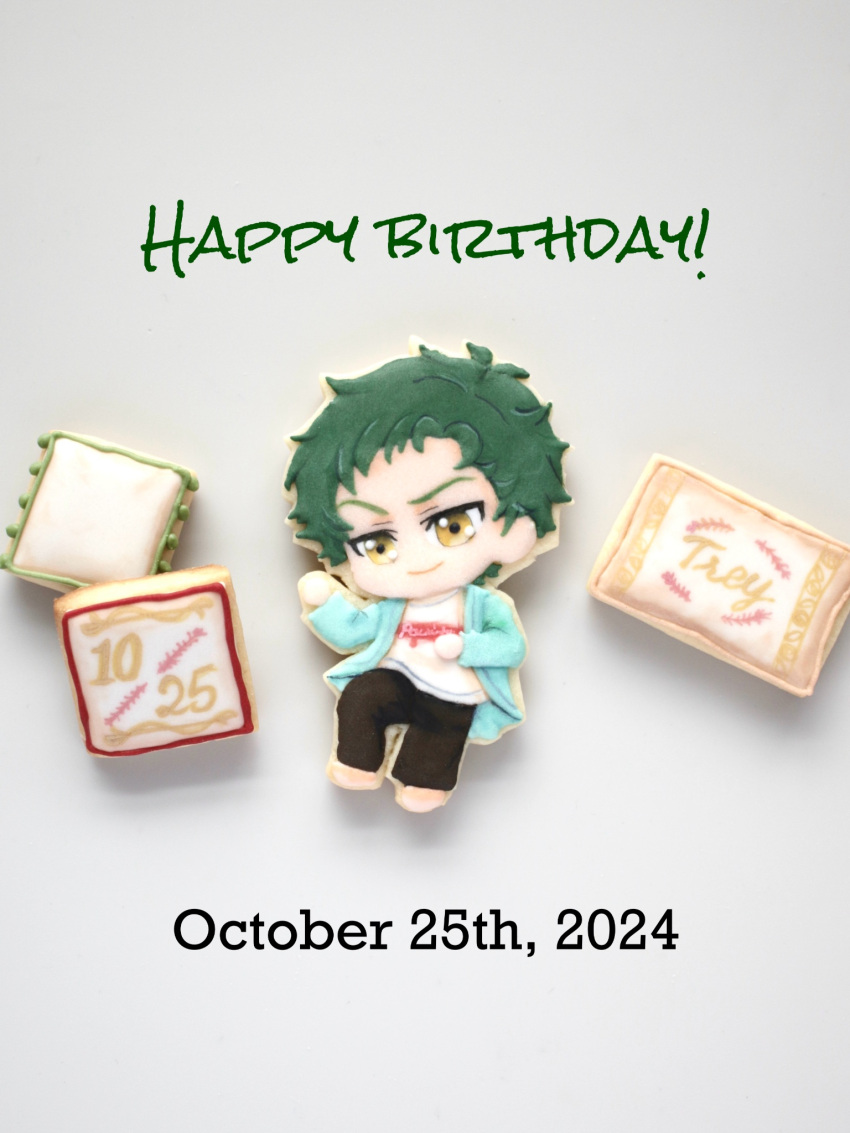 1boy, chibi, commentary_request, dated, english_text, food_art_(medium), full_body, green_hair