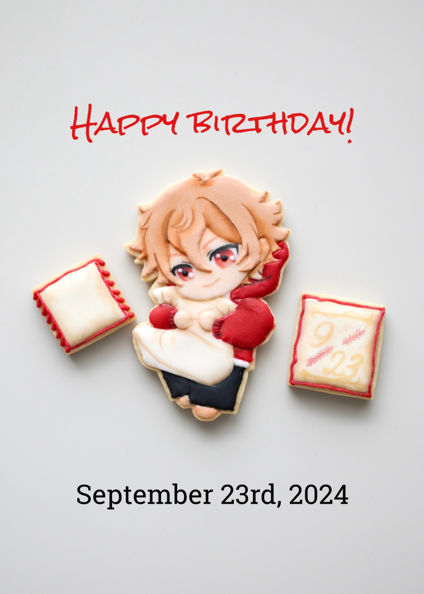 1boy, ace_trappola, chibi, commentary_request, dated, english_text, food_art_(medium), full_body