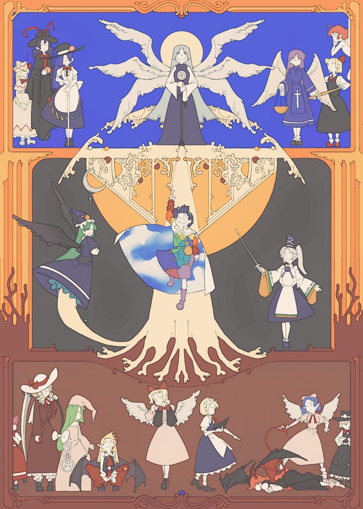 6+girls, angel, angel_wings, ascot, bat_wings, black_hat, black_wings, blonde_hair