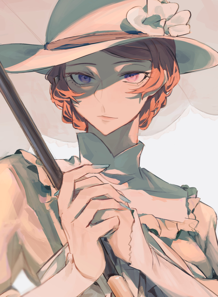 1girl, absurdres, blue_nails, braid, brown_hair, bungou_stray_dogs, closed_mouth, commentary, dress, fingernails, flower, hat, hat_flower, highres, holding, holding_umbrella, long_sleeves, looking_at_viewer, margaret_mitchell_(bungou_stray_dogs), simple_background, solo, umbrella, upper_body, violet_eyes, white_hat, yoru_t0