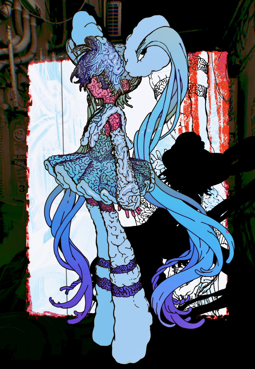 1girl, absurdres, blue_hair, colored_skin, dress, flesh, from_side, full_body, gradient_hair, hair_ornament, highres, industrial_pipe, long_hair, looking_at_viewer, looking_to_the_side, mahou_tenshi-chan_(numata_zombie), multicolored_hair, no_mouth, numata_zombie, original, pink_skin, profile, short_dress, sleeveless, sleeveless_dress, solo, standing, thigh-highs, twintails, very_long_hair, violet_eyes, white_arm_warmers, white_thighhighs, zoom_layer
