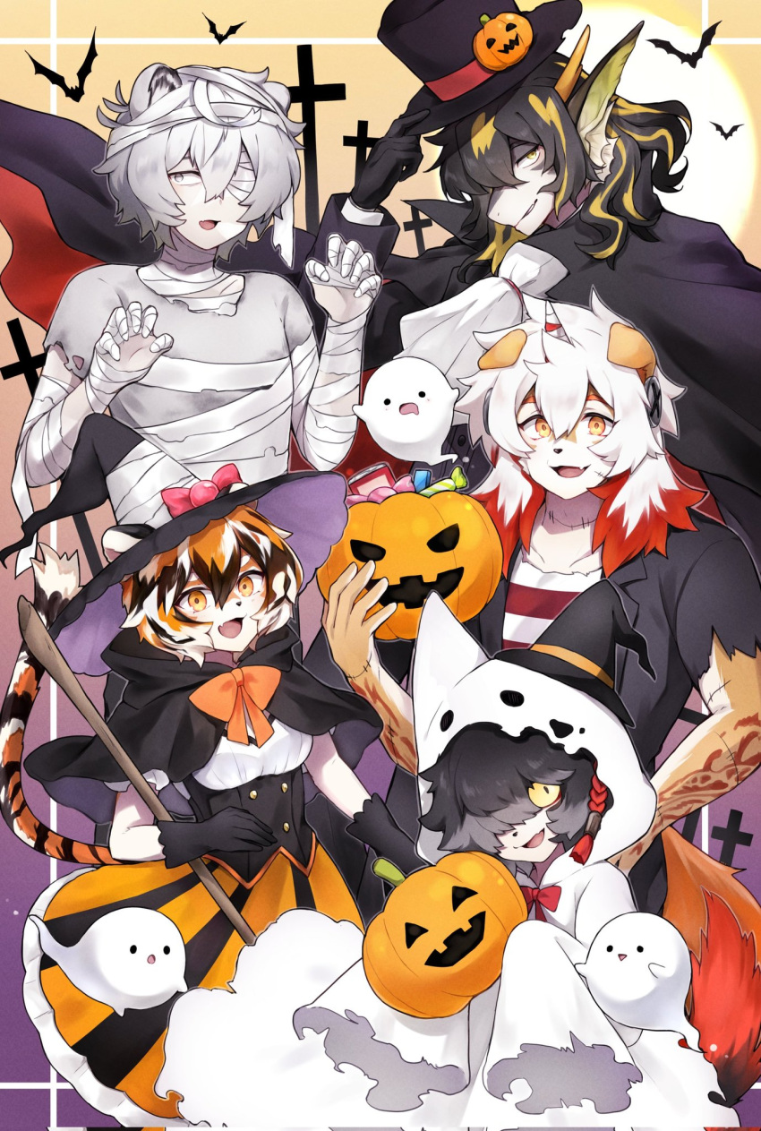 1girl, 4boys, aak_(arknights), animal_ears, arknights, arm_tattoo, bat_(animal), bear_boy