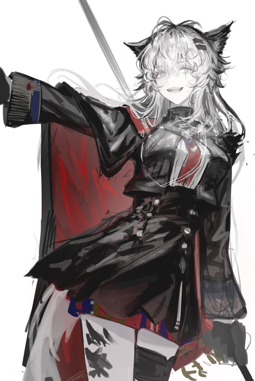 1girl, animal_ears, arknights, black_gloves, black_jacket, black_skirt, cape, gloves, grey_eyes, high-waist_skirt, highres, jacket, kotowaza, lappland_(arknights), lappland_the_decadenza_(arknights), material_growth, necktie, oripathy_lesion_(arknights), red_cape, red_necktie, scar, scar_across_eye, shirt, simple_background, skirt, solo, tail, white_background, white_hair, white_shirt, wolf_ears, wolf_girl, wolf_tail
