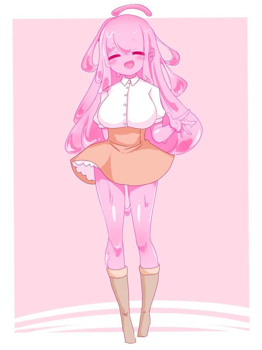 1girl, absurdres, ahoge, blush, breasts, buttons, closed_eyes, colored_skin