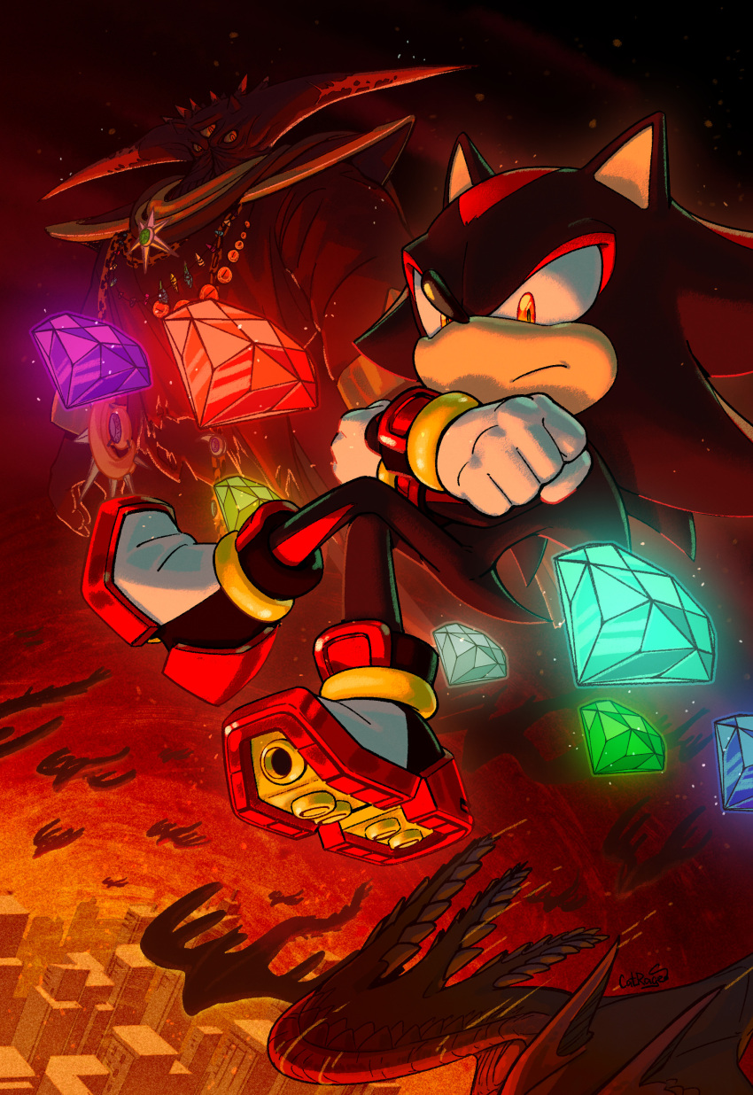 2boys, absurdres, alien, black_arms_(sonic), black_doom, catrage_miau, chaos_emerald, cityscape, crossed_arms, extra_eyes, furry, furry_male, gloves, highres, horns, jewelry, male_focus, multiple_boys, orange_eyes, pendant, shadow_the_hedgehog, shadow_the_hedgehog_(game), signature, sonic_(series), white_gloves, wings