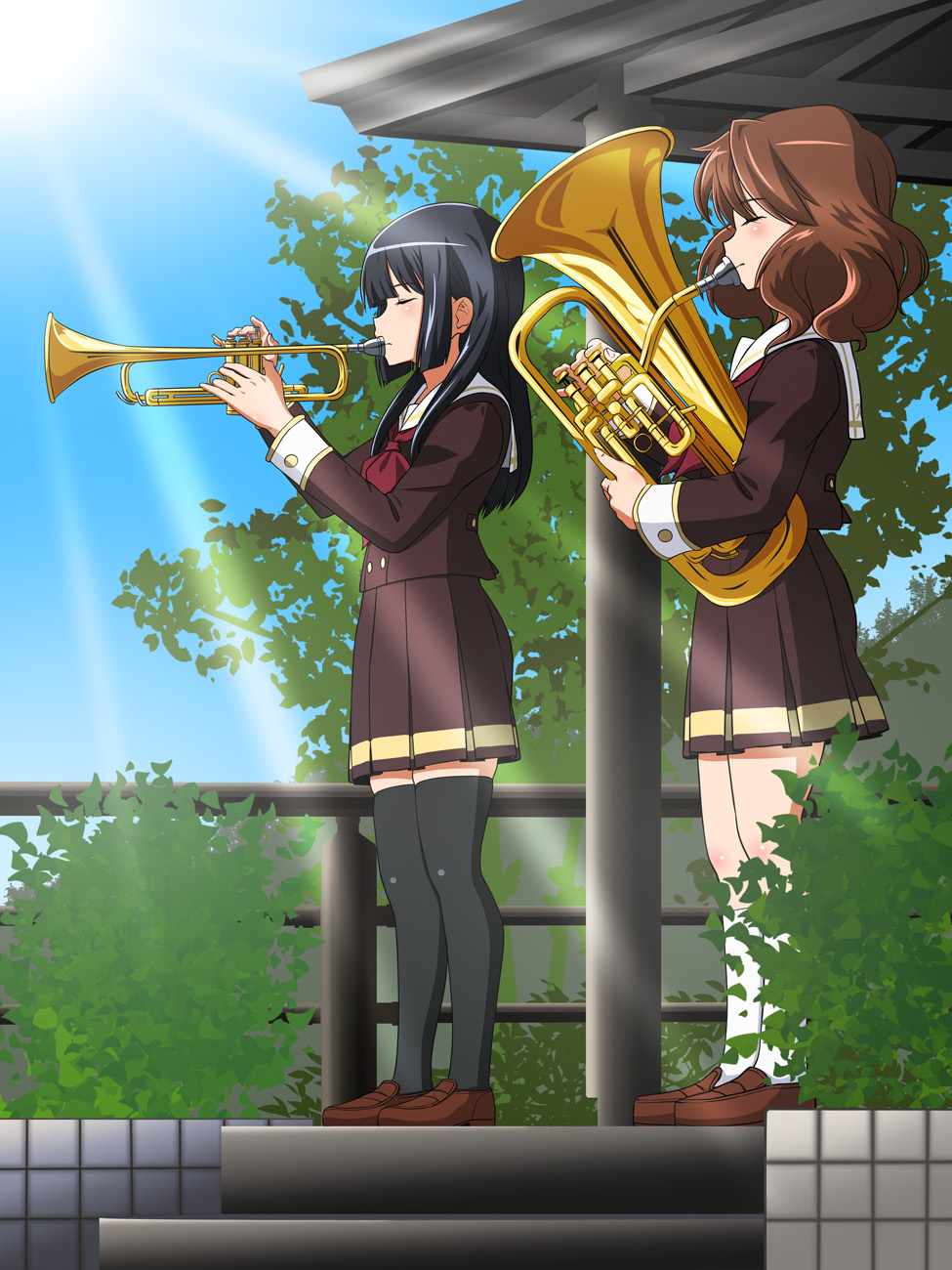 2girls, artist_collaboration, astlloto30, black_hair, brown_footwear, brown_hair, brown_serafuku, bush