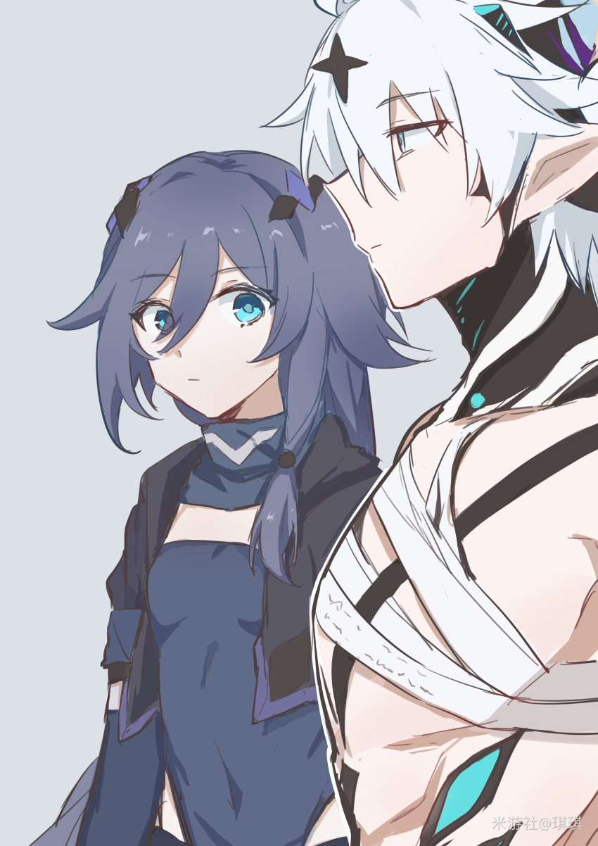 1boy, 1girl, absurdres, black_jacket, blue_eyes, blue_scarf, breasts, closed_mouth
