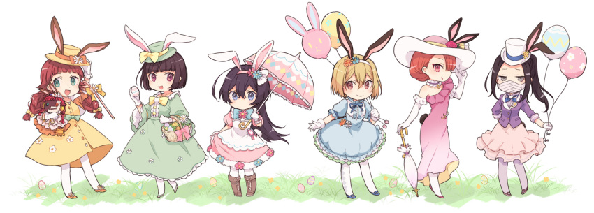 6+girls, :d, akutagawa_gin, animal_ear_hairband, animal_ears, aqua_eyes, balloon, basket, black_hair, blonde_hair, blue_bow, blue_dress, blue_eyes, blue_ribbon, blunt_bangs, bob_cut, boots, bow, bowtie, braid, brown_eyes, bungou_stray_dogs, cane, chibi, closed_mouth, commentary_request, deformed, doll, dress, easter, easter_egg, egg, elbow_gloves, fake_animal_ears, flower, frills, full_body, gloves, grass, green_dress, green_hat, grey_eyes, hair_between_eyes, hair_down, hairband, hat, highres, higuchi_ichiyou_(bungou_stray_dogs), holding, holding_balloon, holding_doll, izumi_kyouka_(bungou_stray_dogs), jacket, karinoaaa, long_hair, long_sleeves, looking_at_viewer, lucy_maud_montgomery_(bungou_stray_dogs), mask, multiple_girls, official_alternate_costume, official_alternate_hairstyle, open_mouth, ozaki_kouyou_(bungou_stray_dogs), pantyhose, pink_dress, pink_eyes, ponytail, purple_jacket, rabbit_ear_hairband, rabbit_ears, rabbit_tail, redhead, ribbon, shirt, shoes, short_hair, short_sleeves, skirt, smile, standing, tail, twin_braids, umbrella, violet_eyes, white_background, white_gloves, white_hat, white_pantyhose, yellow_bow, yellow_dress, yellow_hat, yosano_akiko