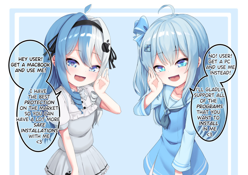 2girls, absurdres, ahoge, apple_inc., apple_logo, black_ribbon, blue_background, blue_eyes