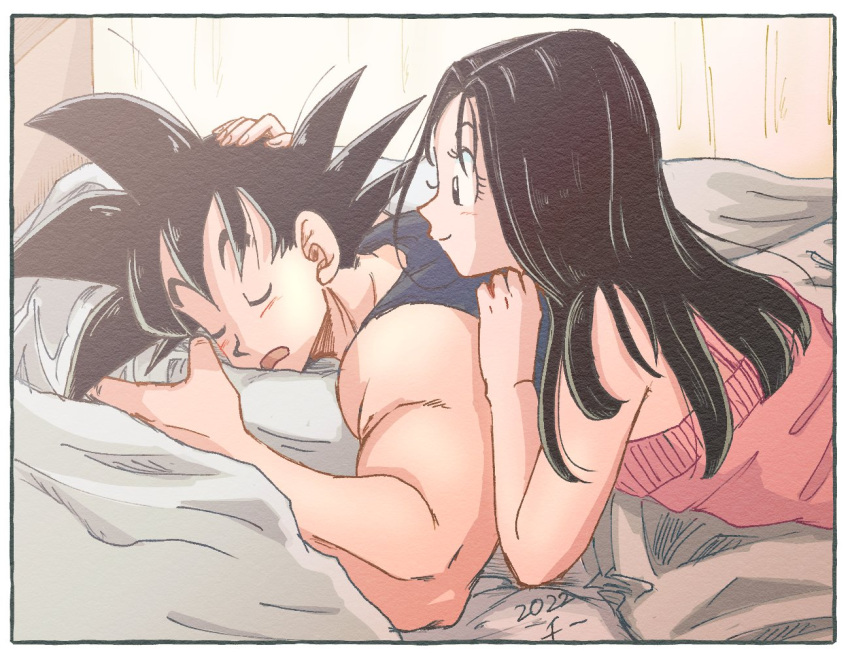 1boy, 1girl, bare_arms, bed, biceps, black_eyes, black_hair, black_tank_top