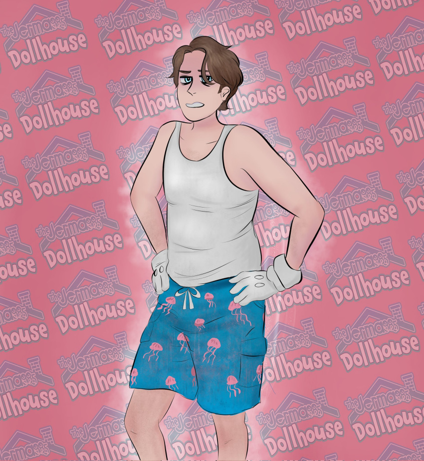 1boy, animification, blue_eyes, blue_shorts, brown_hair, gloves, hands_on_own_hips, highres, jerma985, jerma985_(person), looking_at_viewer, male_focus, mega_madds, shirt, shorts, standing, tank_top, white_gloves, white_shirt, white_tank_top
