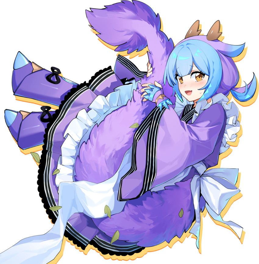 1girl, blue_dress, blue_hair, blue_tail, brown_eyes, dragon_girl, dragon_horns, dragon_tail, dress, duel_monster, full_body, highres, horns, laundry_dragonmaid, maid, multicolored_hair, purple_hair, short_hair, simple_background, solo, tail, twintails, two-tone_hair, white_background, yu-gi-oh!, yukleeeee