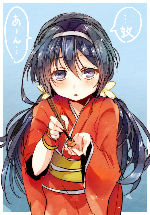 1girl, black_hair, blue_background, blue_eyes, blush, bungou_stray_dogs, chopsticks, commentary_request